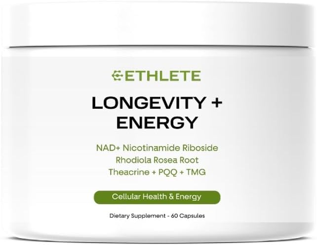 Longevity + Energy - Supplements with Rhodiola Rosea, TMG & Theacrine, Maximize Strength & Recovery, NAD+ Supplement, PQQ for Anti-Aging, 60 Capsules