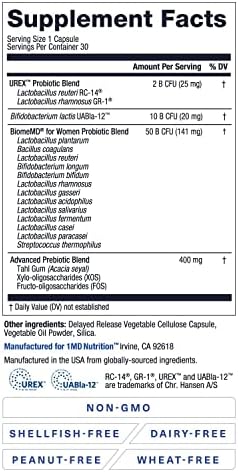 1MD Nutrition BiomeMD Probiotics for Women - Daily Prebiotics and Probiotics for Women - More Than 60 Billion CFUs, 15 Strains - Womens Probiotic to Support Urinary & Vaginal Health - 30 Capsules