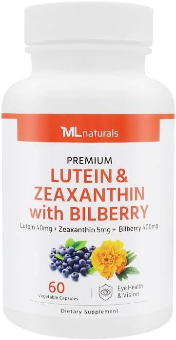 ML Naturals Premium Lutein & Zeaxanthin with Bilberry 60 Vegetable Capsules. Lutein 40 mg, Zeaxanthin 5 mg, and Bilberry 400 mg. Premium Quality. Healthy Eyes & Vision, NSF-Certified & cGMP-Compliant
