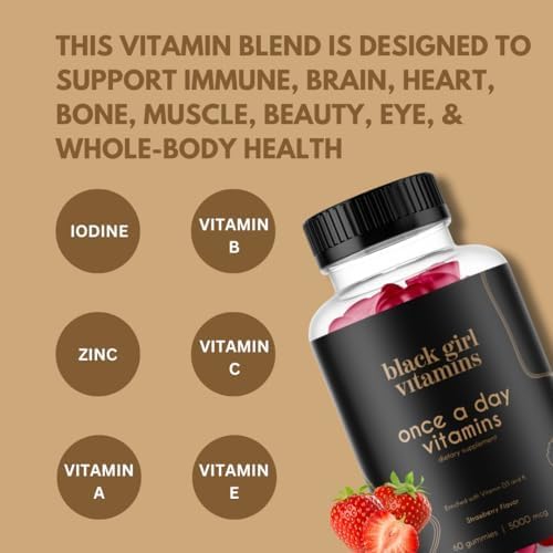 Black Girl Vitamins Once a Day - Womens Multivitamin Gummy - Vitamin A, B, C, E and Zinc. Multivitamin for Women, Immune Support. Vegan, Gluten-Free. Made in The USA (60 Day Supply, Strawberry)