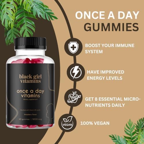 Black Girl Vitamins Once a Day - Womens Multivitamin Gummy - Vitamin A, B, C, E and Zinc. Multivitamin for Women, Immune Support. Vegan, Gluten-Free. Made in The USA (60 Day Supply, Strawberry)