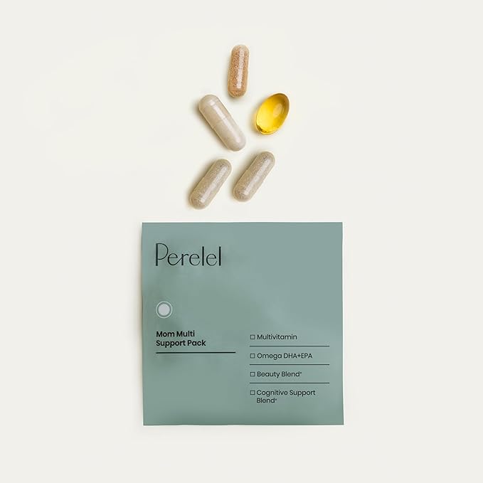 Perelel Mom Multi Support Pack, Postnatal Vitamins for Women with Omega 3 Dha, Iron, Collagen, & Vitamin B12 to Support Postpartum Health, Soy & Gluten Free, Non GMO, 30 Daily Pill Packs