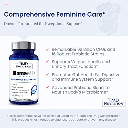1MD Nutrition BiomeMD Probiotics for Women - Daily Prebiotics and Probiotics for Women - More Than 60 Billion CFUs, 15 Strains - Womens Probiotic to Support Urinary & Vaginal Health - 30 Capsules
