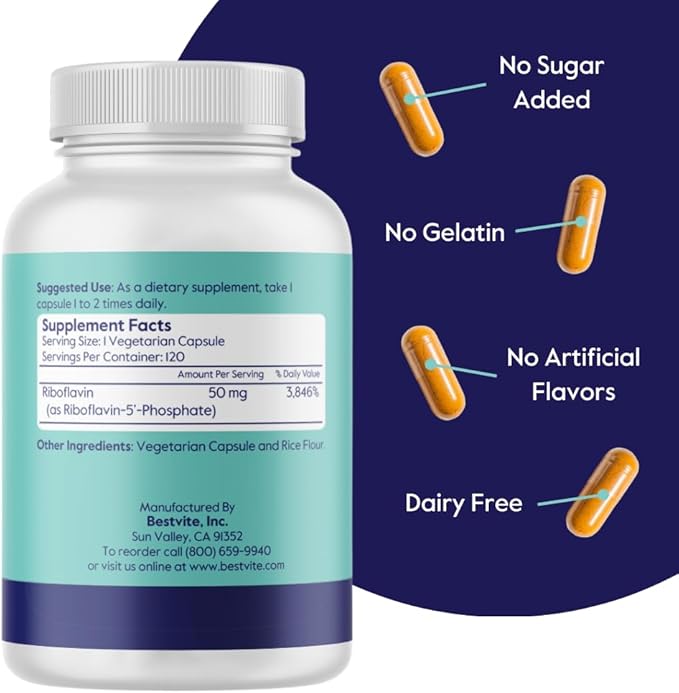 BESTVITE Riboflavin 5'-Phosphate 50mg (120 Vegetarian Capsules) - No Stearates - Vegan - Non GMO - Gluten Free - Bioactive Form of Vitamin B2