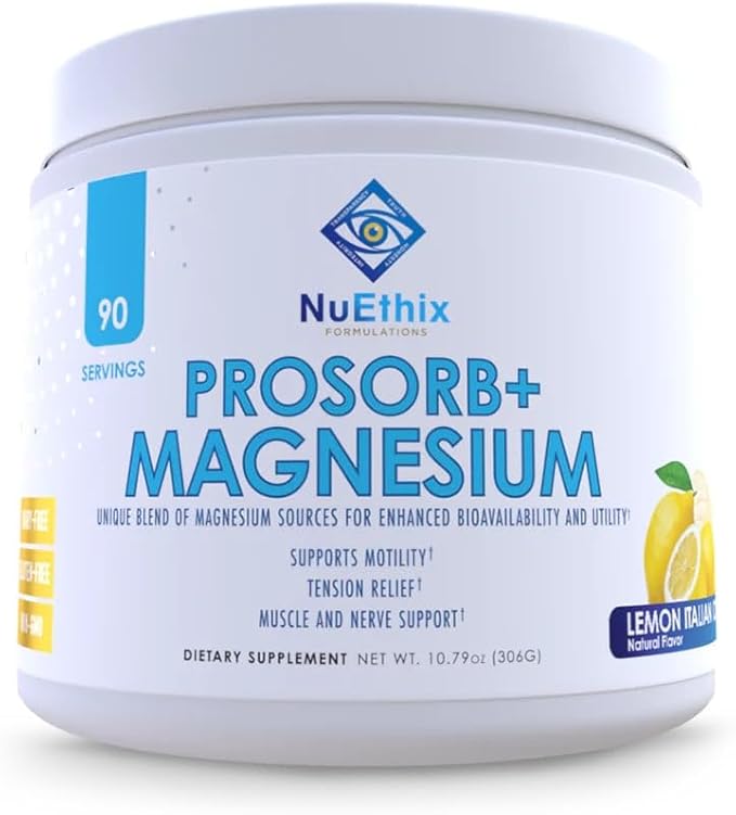 NuEthix Formulations Prosorb+ Magnesium Dietary Supplement, 200mg Magnesium Blend to Support Physical & Mental Wellness, Vitamin C, Dairy-Free, Gluten Free, & Non-GMO, Lemon Italian Ice, 90 Servings