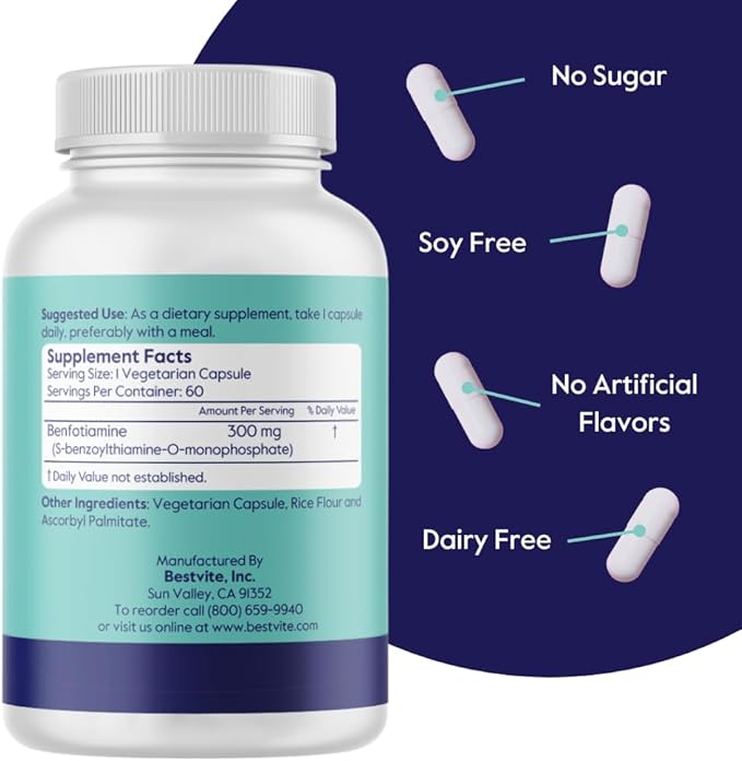 Benfotiamine 300mg (120 Vegetarian Capsules) (60x2) No Stearates - No Silicon Dioxide - Vegan - Non GMO - Gluten Free