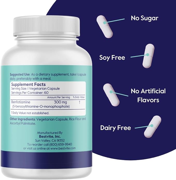 Benfotiamine 300mg (180 Vegetarian Capsules) (60x3) No Stearates - No Silicon Dioxide - Vegan - Non GMO - Gluten Free