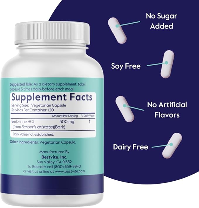 Berberine 500mg Per Capsule (120 Vegetarian Capsules) - No Fillers - No Stearates - No Flow Agents - Vegan - Gluten Free - Non GMO