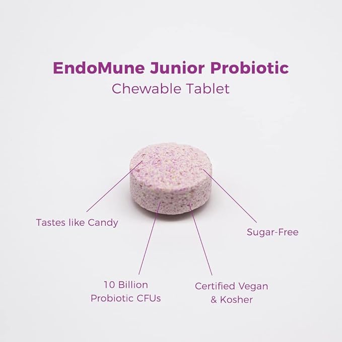 EndoMune Jr Advanced Kids Probiotic and Prebiotic | 10 Billion CFUs | 4 Strains Bacteria and FOS Prebiotic | Physician Formulated | 30 Chewable Tablets