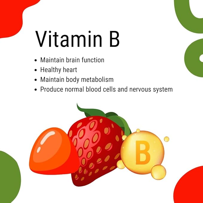 B Complex Gummy Vitamins - Strawberry Flavor with Vitamin C, Niacin, B6, B12 & Biotin for Energy, Heart Health and Brain Support, 60 Count (Pack of 1)