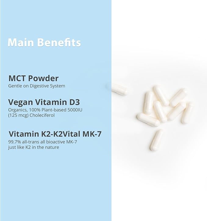 Vitamin D3 K2 with MCT, 5000 IU Vegan D3 & 100 mcg MK7 K2, Support Strong Bones and Immune Health - 30 Capsules (30 Days Supply)