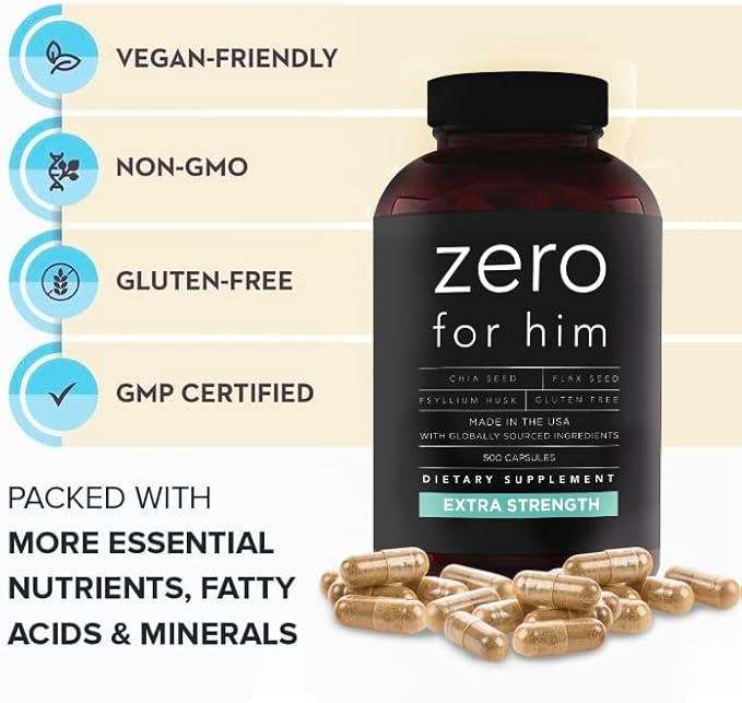 California Basics Fiber Supplements for Men (500 Count) - Daily Dietary Chia Flaxseed Psyllium Husk Vegan Capsules - High Fiber Supplement Pills Zero for Him Extra Strength Pills