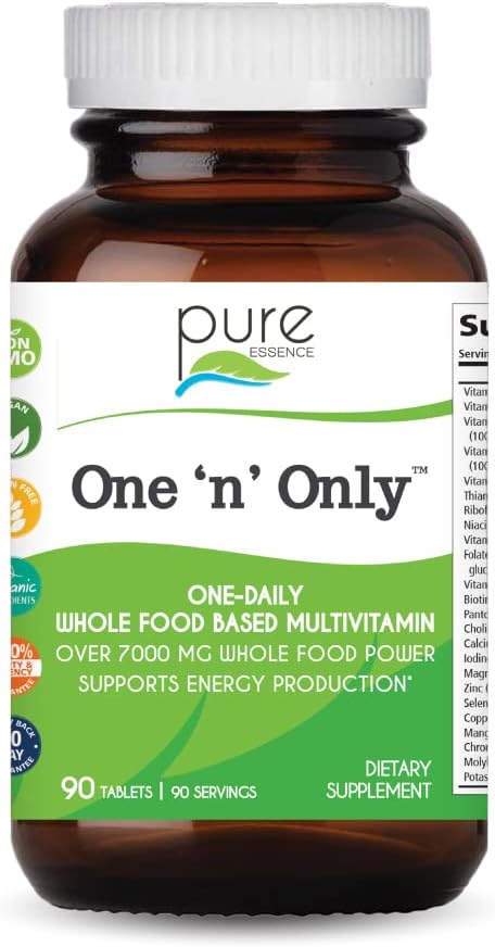One n Only Whole Food Multivitamin by Pure Essence - Super Energetic Once a Day with Superfoods, Minerals, Enzymes, Vitamin D, D3, B12, Biotin - 90 Tablets
