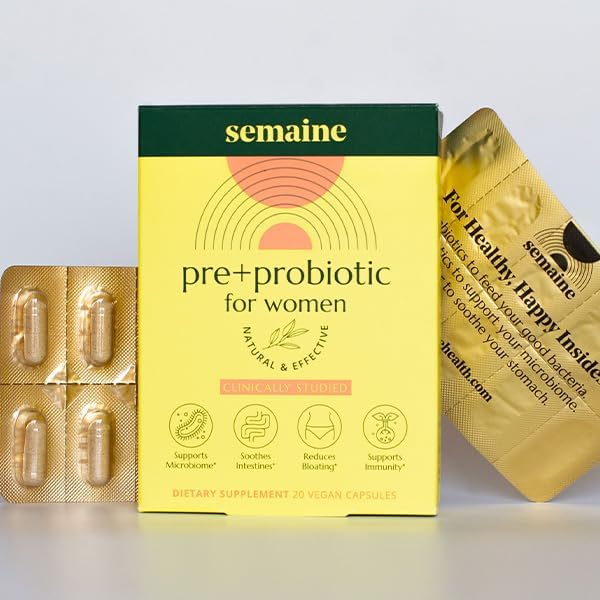 Semaine Super Powered Prebiotic + Probiotic for Women, Effective 3-in-1 Multi-Action Formula to Nourish Gut Health, Soothe IBS, Support Bloat Relief & Immunity Boost, Clinically-Studied (20 ct)