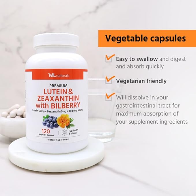 ML Naturals Premium Lutein & Zeaxanthin with Bilberry 120 Vegetable Capsules. Lutein 40 mg, Zeaxanthin 5 mg, and Bilberry 400 mg. Premium Quality. Healthy Eyes & Vision, NSF-Certified & cGMP-Compliant
