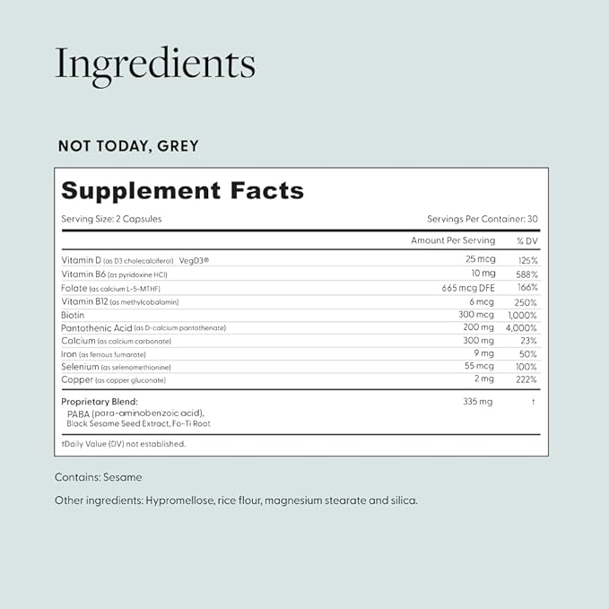 Not Today, Grey Daily Hair Supplement | Slows Grey Hair Growth & Repigment | Promotes Healthier, Thicker Hair | Biotin, B +D Vitamins & Proprietary Complex | Vegan & Gluten Free (1 Month Supply)