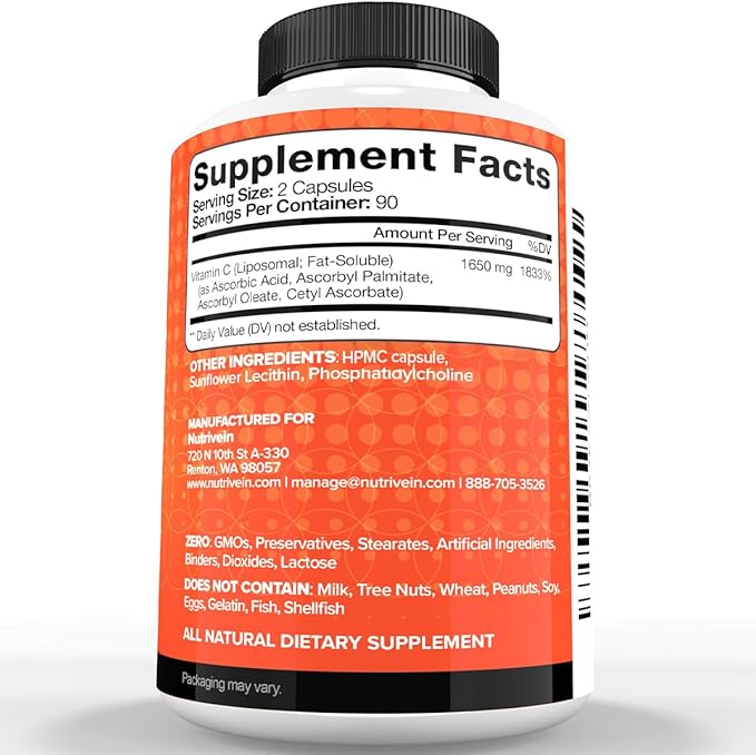Nutrivein Premium Liposomal Vitamin C Supplement 1650mg - 180 Caps: High-Absorption Vitamin C Capsules for Whole-Body Defenses & Overall Well-Being