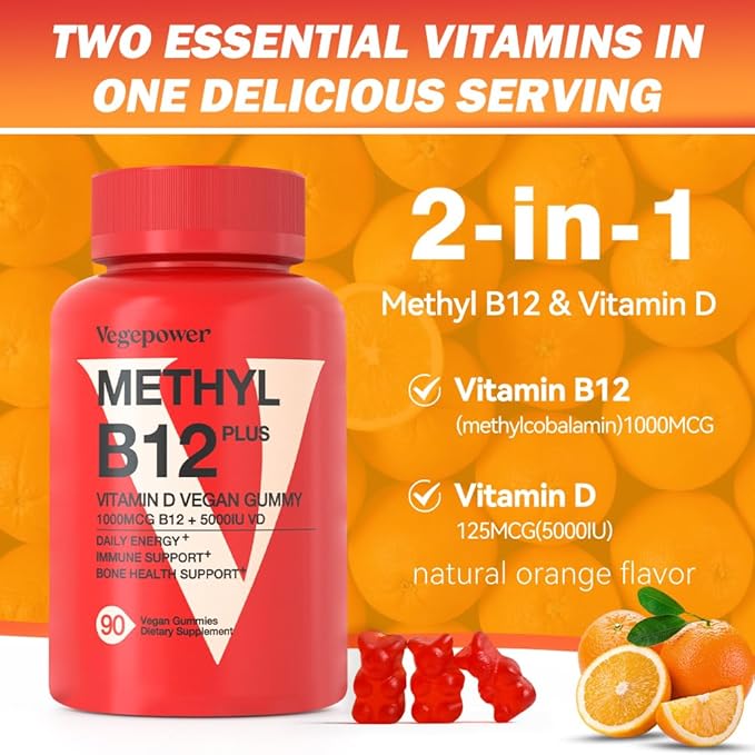 Vegan Vitamin D3 & B12 Gummies, Methyl B12 Supplement for Adults & Kids, Enhanced with Vitamin D 3 for Natural Energy, Immune, Metabolism & Focus, Orange, 90 Gummies