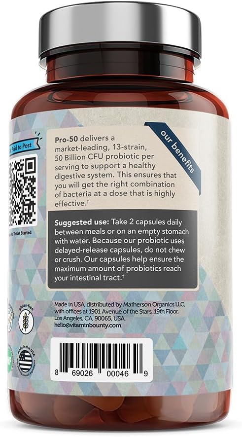 Vitamin Bounty Pro-50 Probiotics 50 Billion CFU for Women & Men - 13 Multi Strain Probiotic + Prebiotic - Digestive Health Supplements for Gut Health Support - Delayed Release Capsules for Men & Women