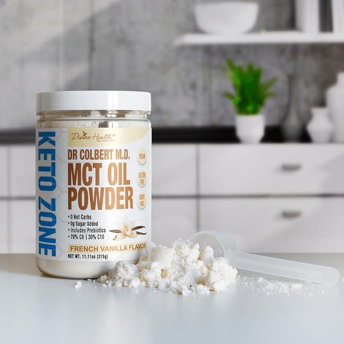 Dr. Colbert MD MCT Oil Powder | French Vanilla Flavor | by Divine Health | Recommended in The Keto Zone Diet book | 70% C8 | 30% C10 | 0 Net Carbs | Alternative to Coffee Creamer | 315g