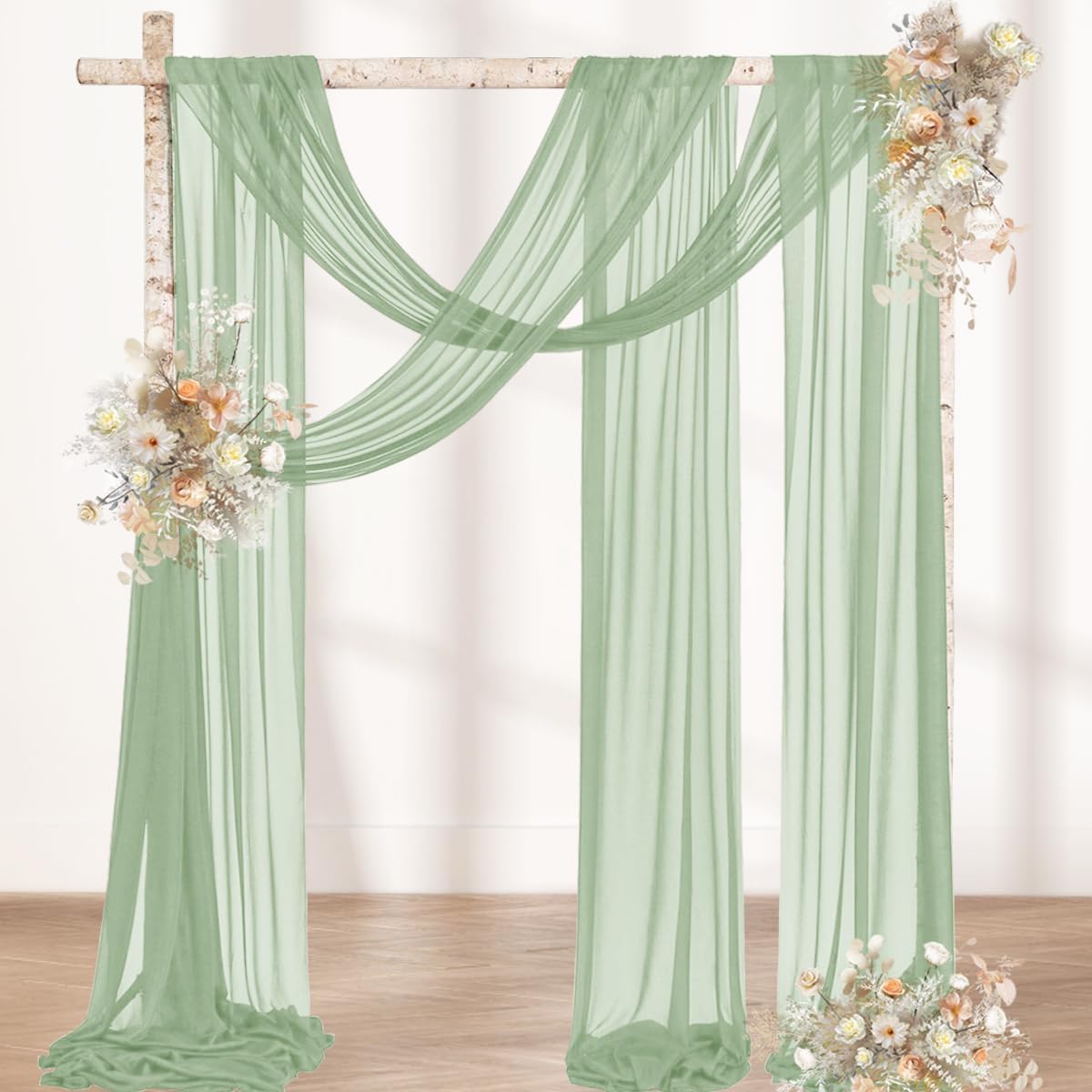 MLMW Wedding Arch Draping Fabric 2 Panels 29" x 20Ft Easter Sage Green Sheer Wedding Arch Backdrop Drapes Outdoor Curtain for Ceremony Party Background Ceiling Decor