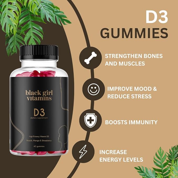 Black Girl Vitamins - Vitamin D3 Gummies, for Immune, Energy, and Bone Support, 2000IU (50mcg) Vitamin D per Serving, Gluten-Free Vitamin D Gummies