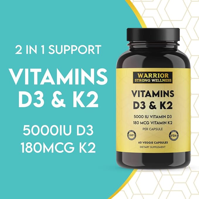 Vitamin D3 and K2 Supplement - 5000IU Vitamin D3 and 180MCG Vitamin K2 Supplement - Immune, Heart Health - 2 Month-Supply, 60 Veggie Capsules