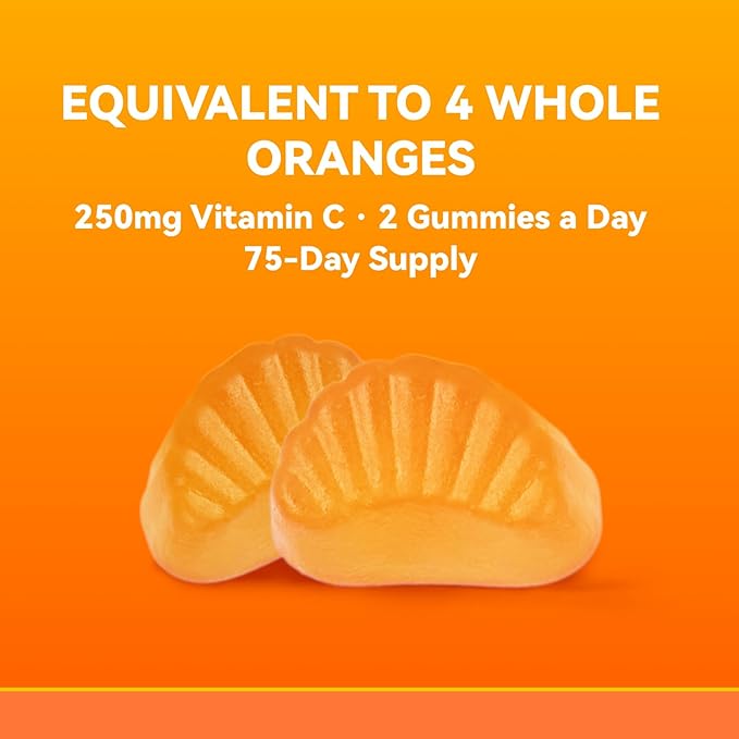 Zero Sugar Vitamin C Gummies 250 mg per Serving, Immune & Antioxidant Support, Natural Orange Flavor, 150 Count, 75 Day Supply, Sugar-Free, Vegetarian Gummies, No Artificial Sweeteners or Flavors