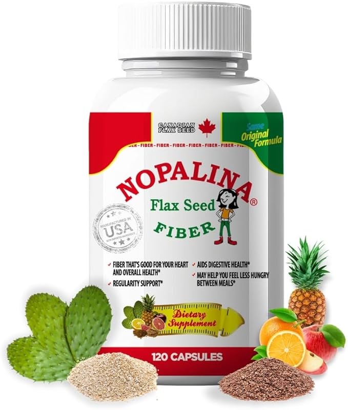 Nopalina Fiber Formula | 120 Capsules | Flax Seed, Psyllium, Oat and Wheat Bran, Omega 3, 6 & 9 | Gut Health & Regularity | The Original