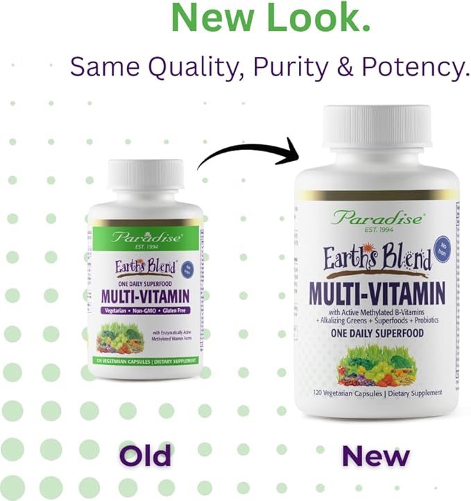 Paradise Herbs Earth's Blend Once Daily Multivitamin for Men, No Iron, 48 Organic Superfoods, Probiotics, Antioxidants, Vitamins A, B12, C, D, K2,120 Count