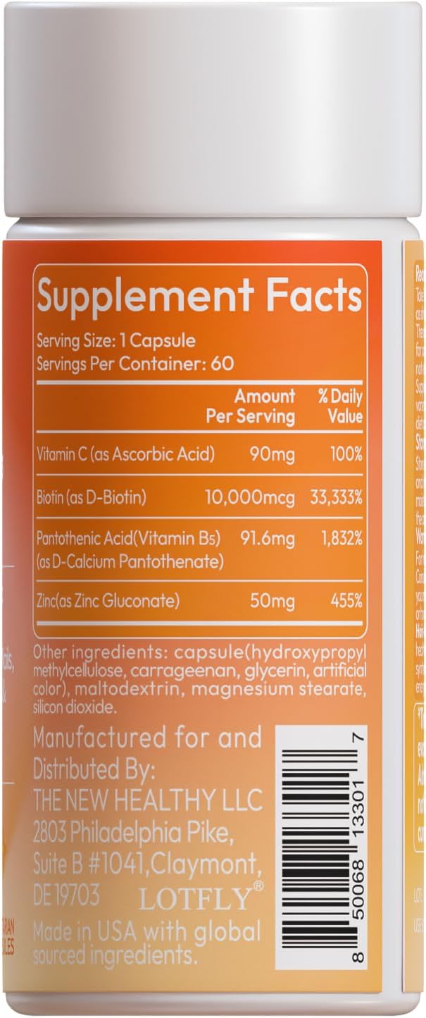 Biotin 10000 mcg with Zinc, Vitamin C & Calcium Pantothenate – Supports Healthy Hair Growth, Strong Nails & Glowing Skin for Women & Men | Made in The USA | 180 Vegan Capsules (6 Months Supply)