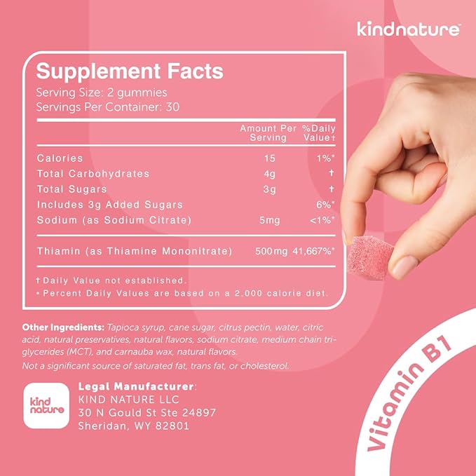 kindnature Vitamin B1 Gummies 500mg – High Potency Thiamine Supplement for Energy, Focus & Nervous System – Vegan, Non-GMO Chewable B1 Vitamins for Adults & Kids – Natural Strawberry Flavor – 60 Ct