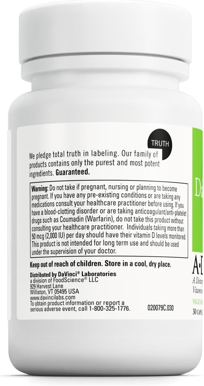 DAVINCI Labs ADK - Helps Support Bone, Heart & Immune Health - Dietary Supplement with Vitamins A, D3 & K2 (as MK-7) - Vegetarian, Gluten Free & Soy Free - 30 Capsules