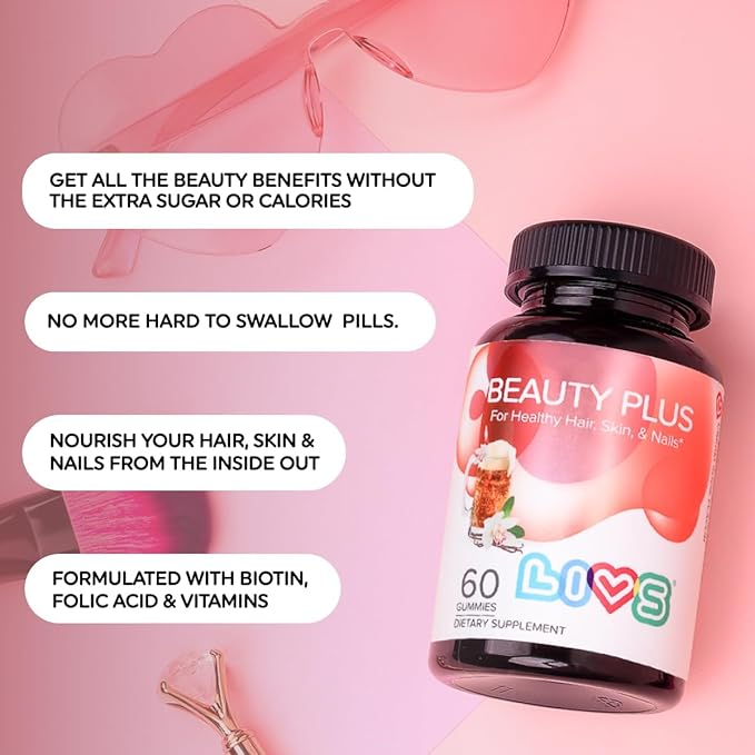 Beauty Plus Gummy Vitamins - Biotin Gummies for Hair, Skin and Nails | Natural, Gluten-Free, Non-GMO Beauty Supplement with Vitamins A, C, E, B12, D3, Zinc & More - Cream Soda Flavor - 60 Ct