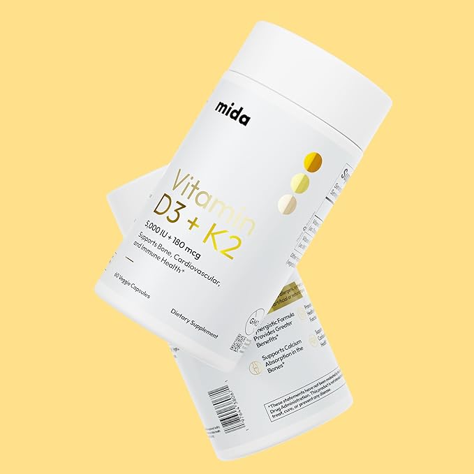 Mida Health® D3 K2 Vitamin 5000 IU with MK-7 | Natural Supplement for Bone, Heart, and Immune Support | Adult Vegan Capsules | 60 Servings
