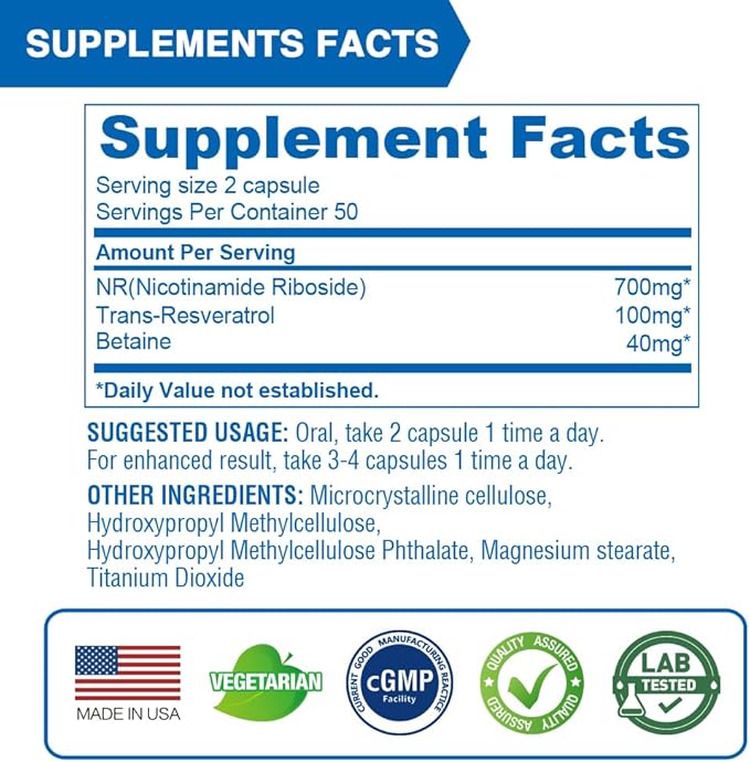 Lovita NR (Nicotinamide Riboside) 840 mg, NAD Supplement with Trans-Resveratrol and Betaine, Promote NAD Plus Levels, Healthy Aging, 100 Vegan Enteric-Coated Capsules