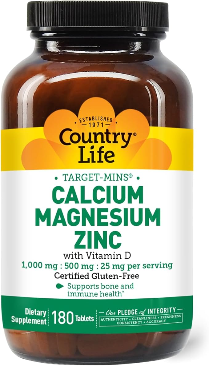Country Life Calcium Magnesium Zinc with Vitamin D3 and L-Glutamic Acid, Dietary Supplement for Bone Support, Certified Gluten Free, 1000mg/500mg/25mg, 180 Tablets