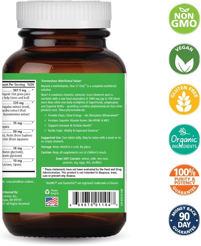 One n Only Whole Food Multivitamin by Pure Essence - Super Energetic Once a Day with Superfoods, Minerals, Enzymes, Vitamin D, D3, B12, Biotin - 90 Tablets