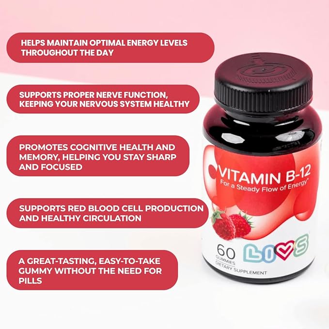 Vitamin B12 Gummies for Adults & Kids | Vegan Methylcobalamin B12 Supplement | Energy, Metabolism & Nerve Support | Raspberry Flavor | Non-GMO, Gluten-Free, Pectin-Based | 60 Count