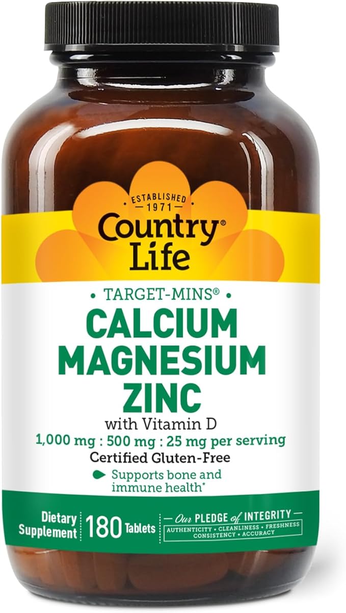 Country Life Calcium Magnesium Zinc with Vitamin D3 and L-Glutamic Acid, Dietary Supplement for Bone Support, Certified Gluten Free, 1000mg/500mg/25mg, 180 Tablets