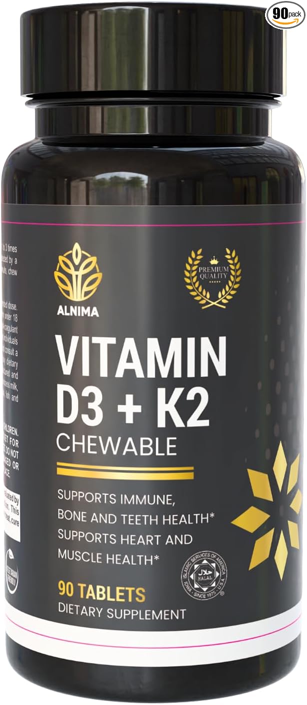 Vitamin D3 + K2 Chewable Tablets – 2000 IU D3 & 75 mcg K2 MK-7 – Halal Certified – Immune, Bone & Heart Support – Natural Cherry Flavor – 90 Tablets – Made in USA
