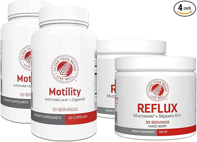 Silver Fern Brand Slow Motility+Kit β Digestive Support Bundle β 30-Day Supply β 2 Motility, 2 Berry Flavor Powder Reflux β Capsules, Powder β Artichoke Leaf, Okra, Ashwagandha, MucoSave β Made in USA