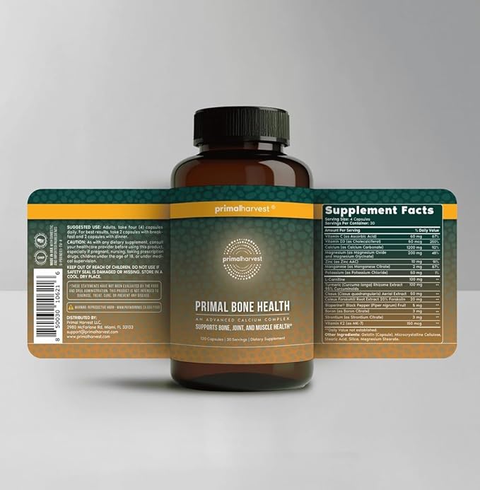 Primal Harvest Calcium Carbonate Bone Health Complex for Men and Women with Calcium, Magnesium, Zinc, Manganese, Potassium, and L-Carnitine