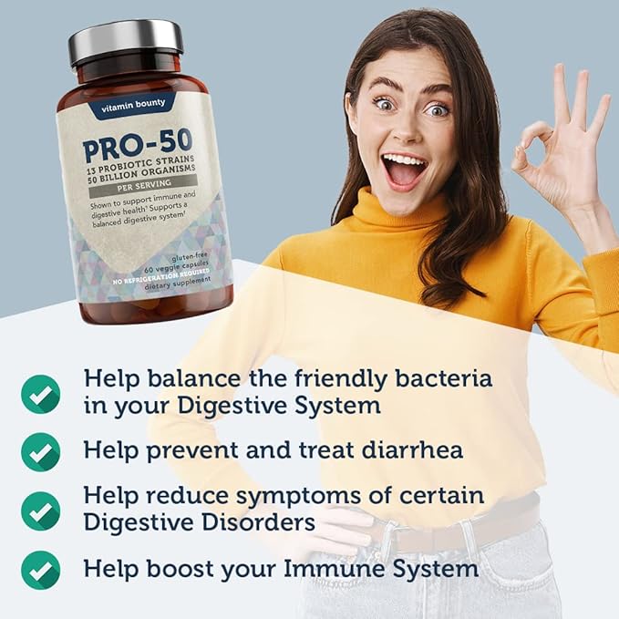 Vitamin Bounty Pro-50 Probiotics 50 Billion CFU for Women & Men - 13 Multi Strain Probiotic + Prebiotic - Digestive Health Supplements for Gut Health Support - Delayed Release Capsules for Men & Women