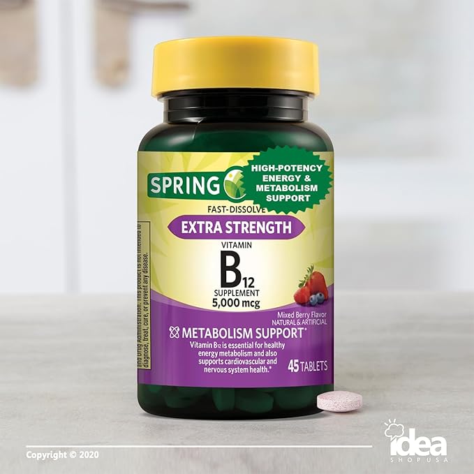 Vitamin B12 5000 mcg Fast Dissolve Tablets, 45 Count ā Extra Strength for Energy & Metabolism Support ā Natural Cherry Flavor, Gluten-Free ā Sublingual Supplement + Better Idea Guide Included