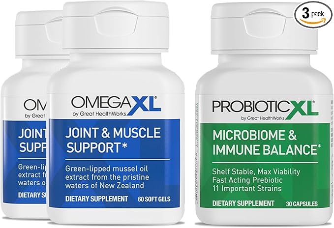 OmegaXL Powerful Joint and Muscle Support Supplement 60 Count (2 Pack) & Probiotic XL - PreforPro, DE111, Shelf Stable - Promote Healthy Gut Flora Growth (30 Veggie caps)