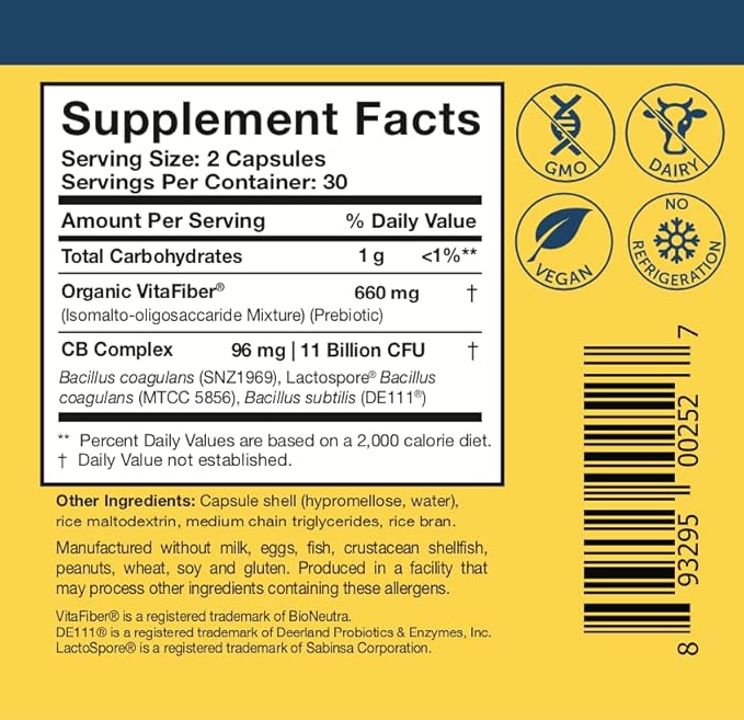 Researched Nutritionals Gut Health Supplements with Prebiotics & Probiotics for Women & Men - CoreBiotic - 3 Spore Based Probiotic Strains + Organic Prebiotic Fiber - Shelf-Stable (60 Capsules)