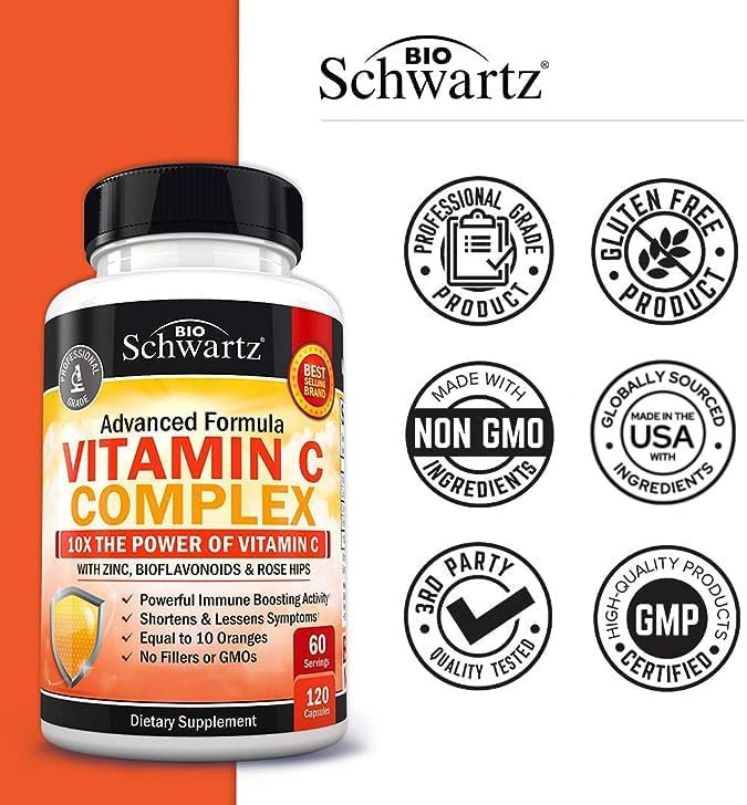 BioSchwartz Vitamin C Complex Supplement - Vitamin C 1000mg Capsules with Rose HIPS Zinc and Citrus Bioflavonoids for Immune Health, Cellular Energy, Collagen Production, 120 Count (60 Day Supply)