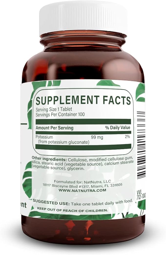 Natural Nutra Elemental Potassium Gluconate 99 mg Dietary Supplement – Promotes Energy, Helps Boost Nervous System, Promotes Heart Health, Mineral Regulation, Muscle Function - 100 Vegan Tablets
