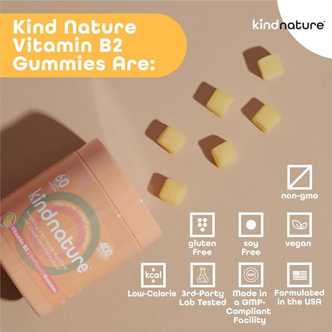 kindnature Vitamin B2 Gummies - Riboflavin 400mg Supplement for Kids & Adults - Non-GMO, Soy & Gluten-Free, Vegan Chewable Gummies (30 Day Supply)